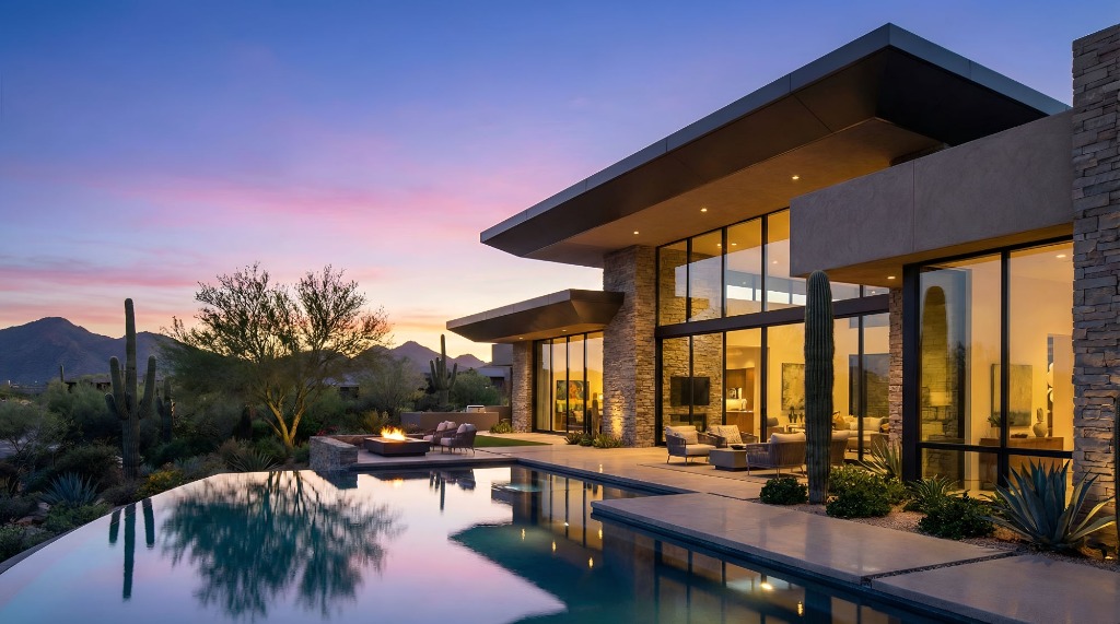 Luxury Glass Mansion with Pool at Sunset